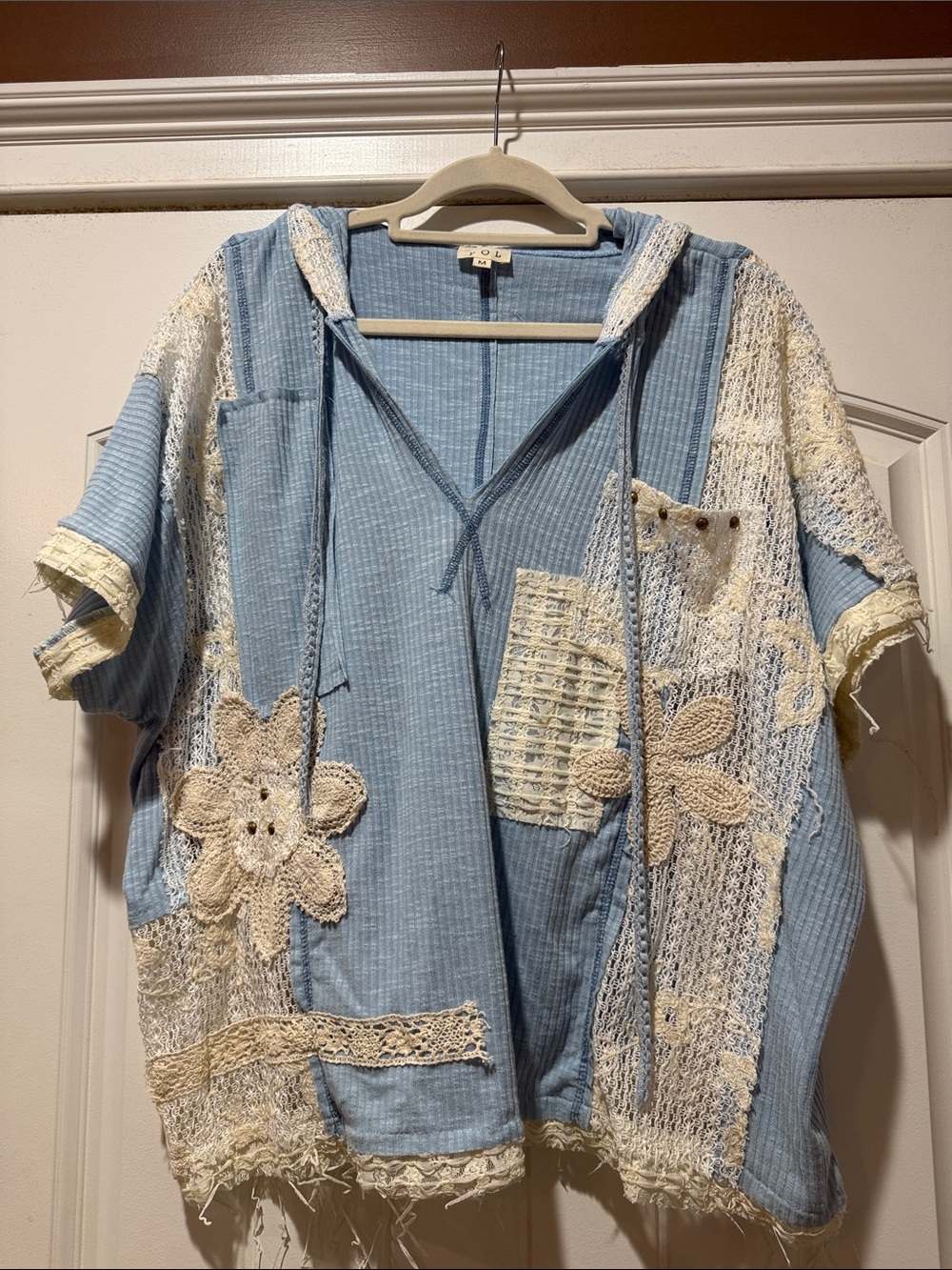 NWOT. POL Light Blue Hooded Patchwork Crochet Too